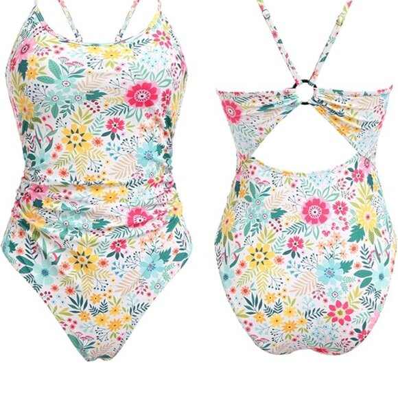 WHITE FLORAL SLOPE NECK O-RING CUTOUT BACK RUCHED SWIMSUIT SIZE MEDIUM NWT - Picture 5 of 10